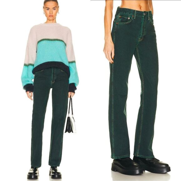 NWT RE/DONE 90's High Rise Loose STRAIGHT Leg Jeans in Evergreen Dipped - Picture 1 of 7